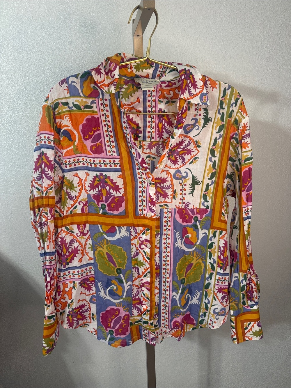 Calypso St. Barth Multicolor Floral Patchwork Button-Down Shirt- medium